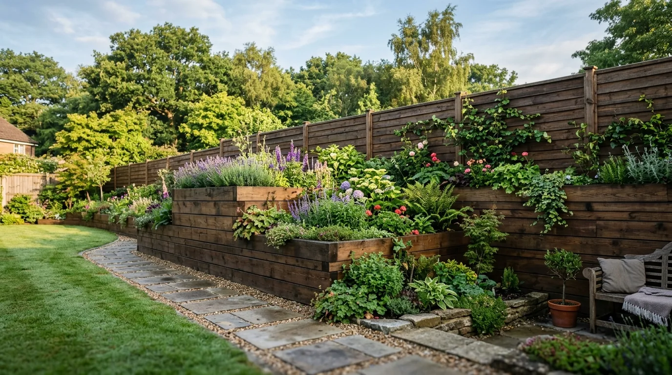 Tiered Wooden Fence With Planters